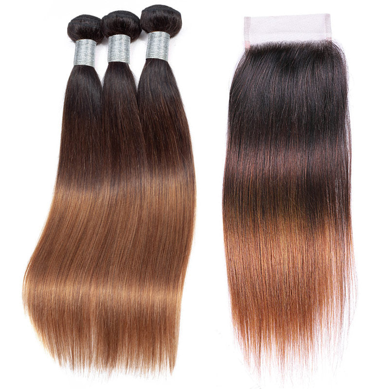 Flash Sale|Ombre Brown Straight Hair Bundles With Frontal Closure Brazilian Virgin Remy Human Hair 3 Tone T1B/4/30 Color-bundles with closure