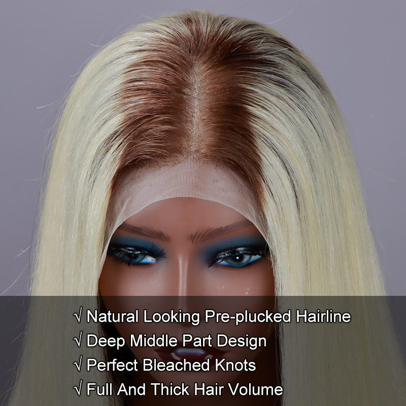 Soul Lady Ombre Blonde With Brown Roots Silky Straight 13x4 HD Lace Full Frontal Wig With Perfect Bleached Knots-hairline show
