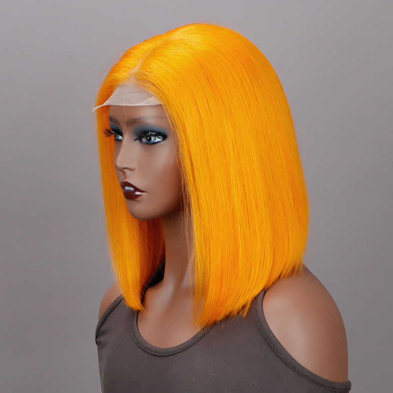 Soul Lady Vibrant Orange Bob Silky Straight Human Hair Middle Part 5x5 HD Lace Lob Wigs-side front