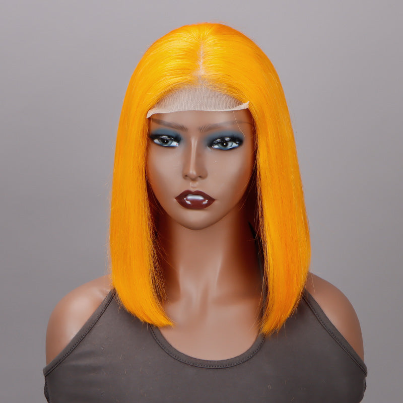 Soul Lady Vibrant Orange Bob Silky Straight Human Hair Middle Part 5x5 HD Lace Lob Wigs