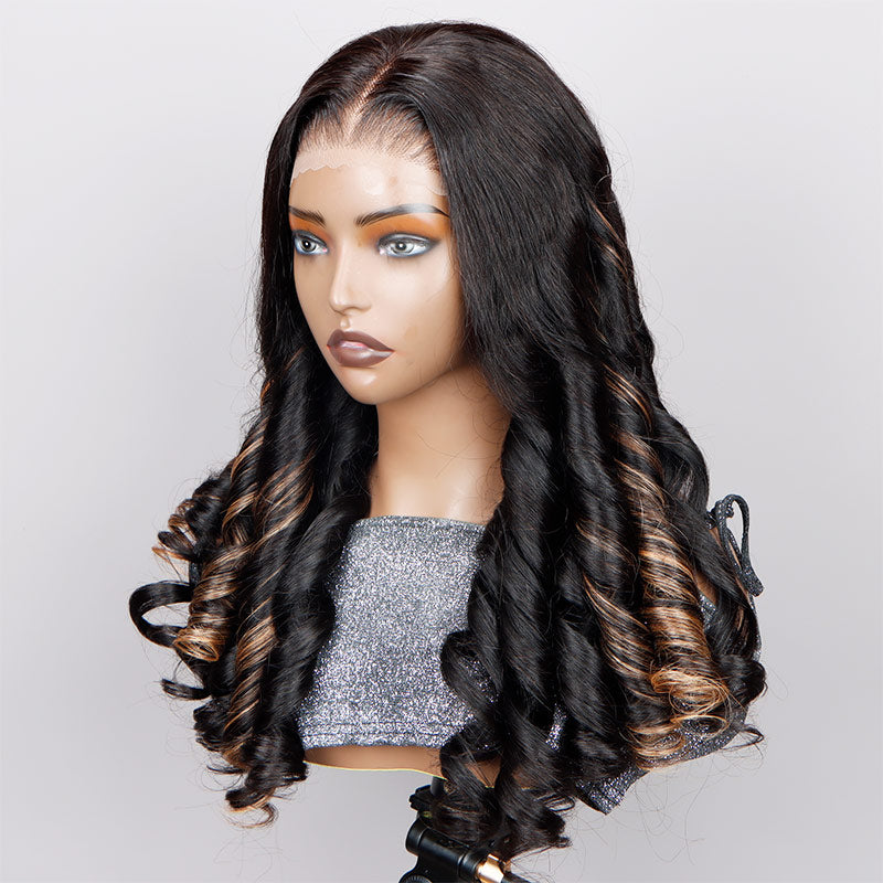 Soul Lady Orange Pink Peekaboo Balayage Highlight Wig Long Loose Wave Human Hair Glueless 6x4 Pre Cut Pre Bleached Lace Wig-SIDE