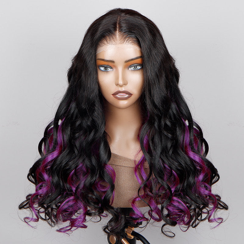 Soul Lady Purple Peekaboo Balayage Highlight Wig Long Body Wave Human Hair Glueless 6x4 Pre Cut Pre Bleached Lace Wig-FRONT