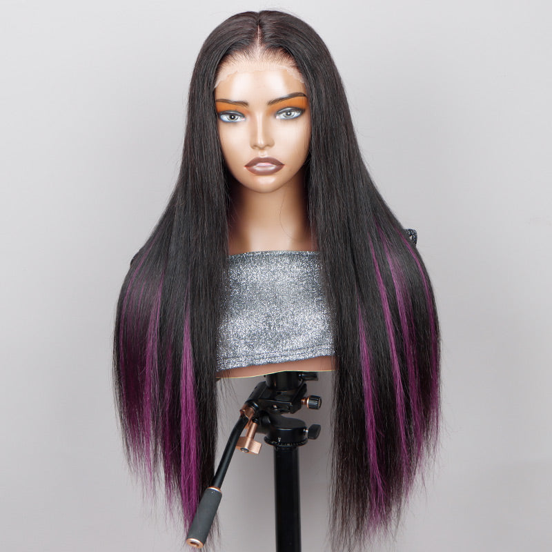 Soul Lady Purple Peekaboo Balayage Highlight Wig Long Silky Straight Hair Glueless 6x4 Pre Cut Pre Bleached Lace Wig-front look
