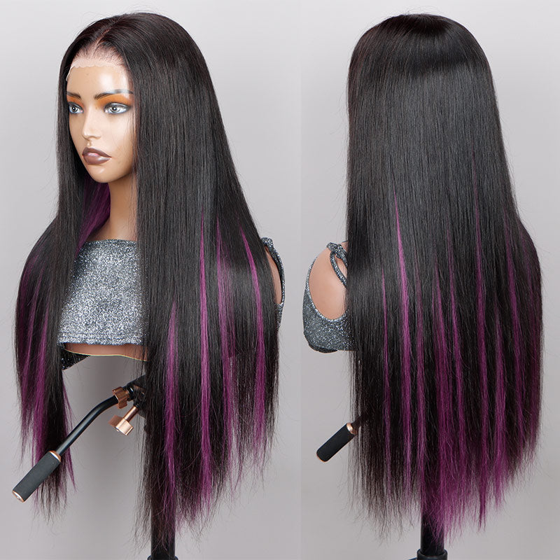 Soul Lady Purple Peekaboo Balayage Highlight Wig Long Silky Straight Hair Glueless 6x4 Pre Cut Pre Bleached Lace Wig-side look