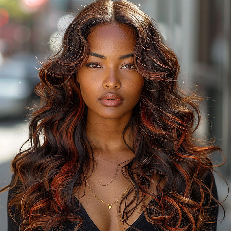 Red Copper Peekaboo Balayage Highlight Brown Wig Long Body Wave Hair Glueless 6x4 Pre Cut Pre Bleached Lace Wig