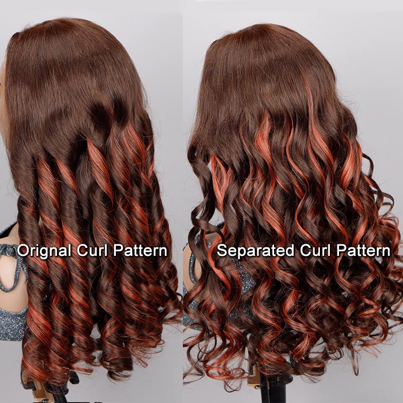 Soul Lady Red Copper Peekaboo Balayage Highlight Brown Wig Long Body Wave Human Hair Glueless 6x4 Pre Cut Pre Bleached Lace Wig-CURL PATTERN