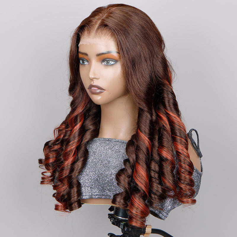 Soul Lady Red Copper Peekaboo Balayage Highlight Brown Wig Long Loose Wave Human Hair Glueless 6x4 Pre Cut Pre Bleached Lace Wig-SIDE