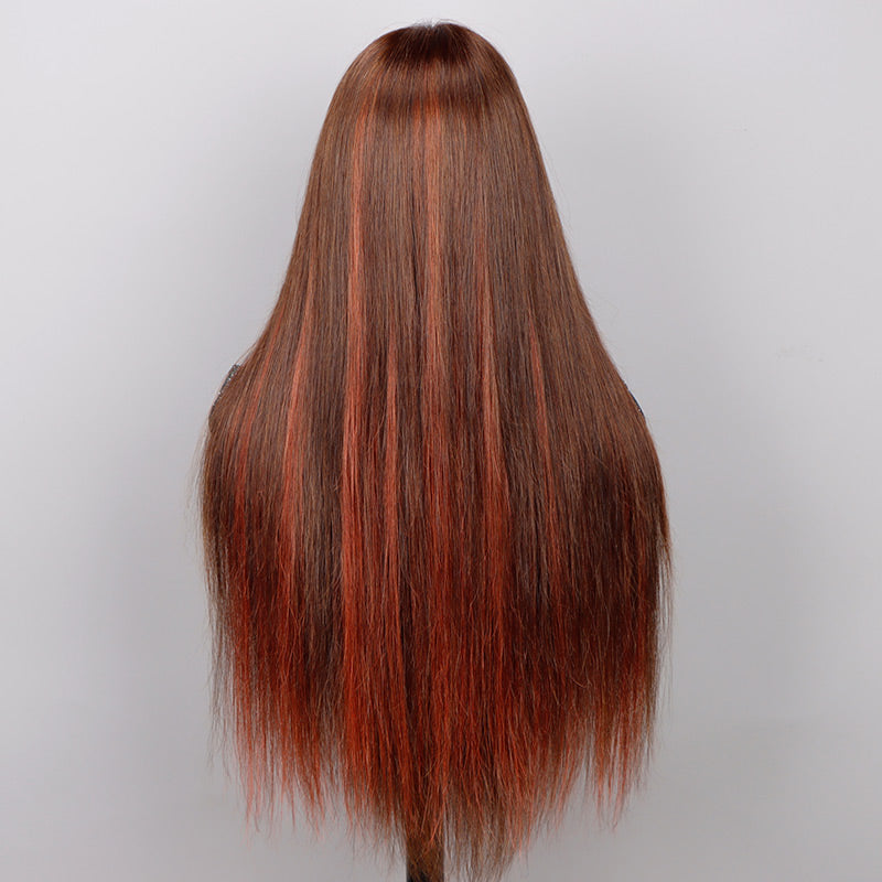 Soul Lady Red Copper Peekaboo Balayage Highlight Brown Wig Long Silky Straight Hair Glueless 6x4 Pre Cut Pre Bleached Lace Wig-back look
