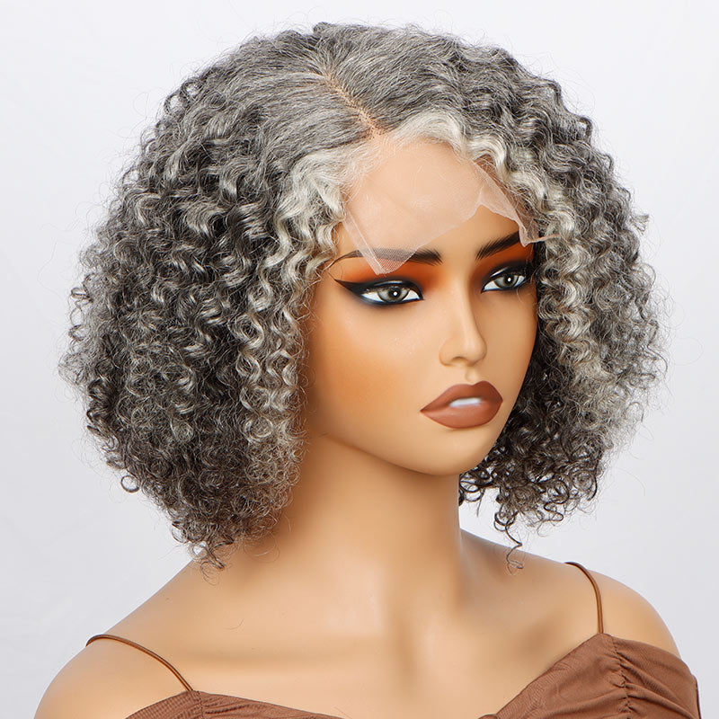 Soul Lady Seniors Grey Wig Salt and Pepper Hair Short Jerry Curly Bob Real Human Hair 5x5 HD Lace Wigs For Women-side front show