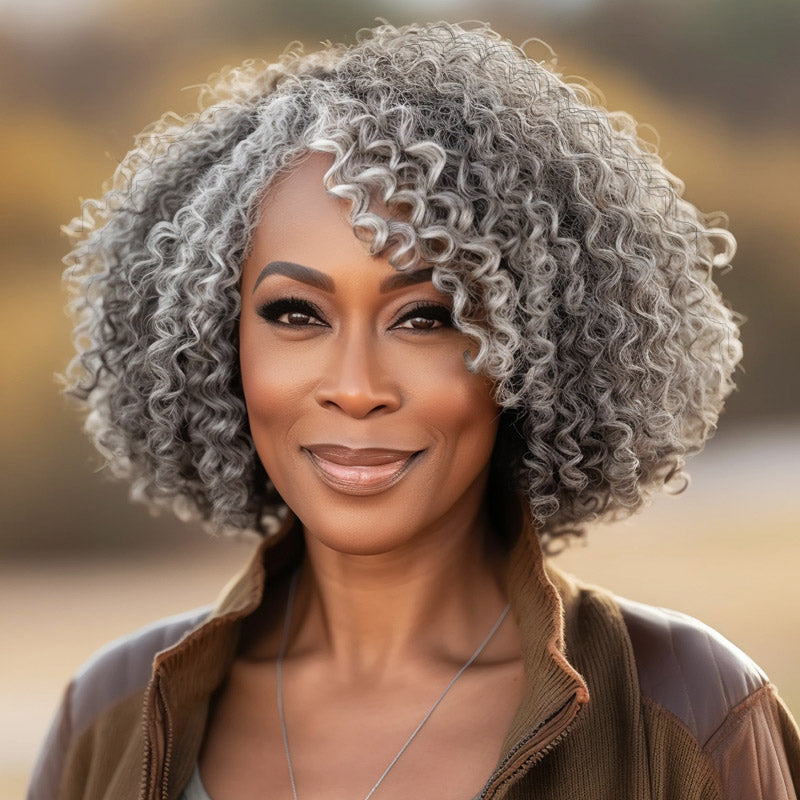 Seniors Wig Salt and Pepper Bob Wigs Curly Gray Human Hair Wig 5x5 HD