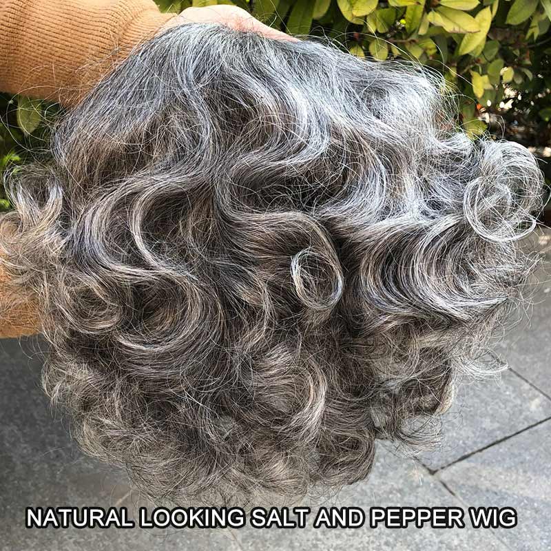 Soul Lady Custom Salt & Pepper V-Part Wig For Seniors Silver Grey Loose Curly Short Bob Glueless Human Hair Wigs For Women