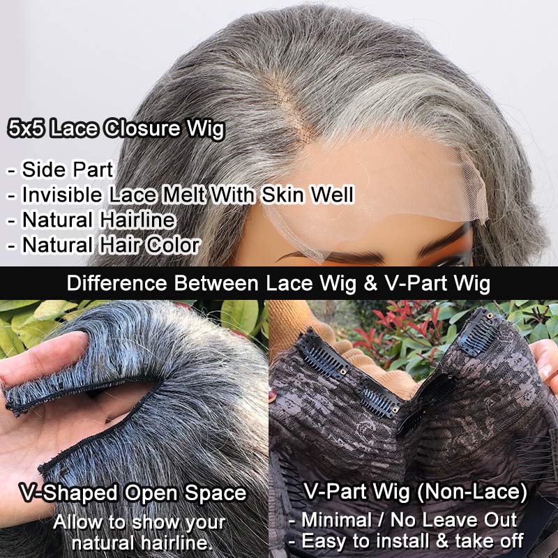 Shoulder-Length Seniors Wig Salt And Pepper Wavy Human Hair Body Wave Wigs For Women Over 60