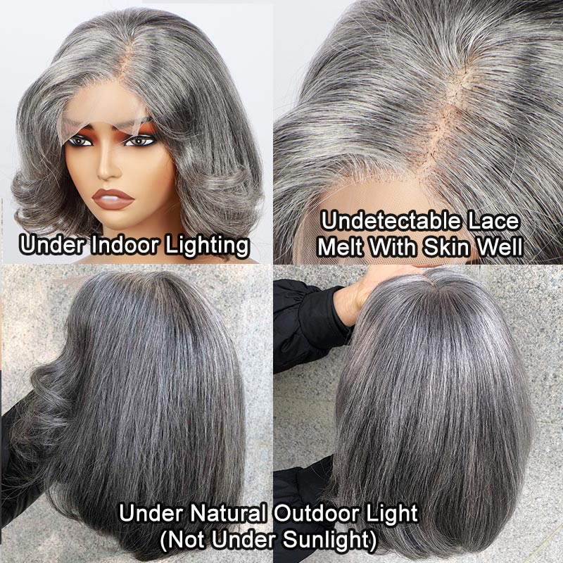 Soul Lady Gray Wigs For Older Women Salt & Pepper Natural Straight Wavy Bob Real Human Hair Wear Go Glueless 4x4 Lace Wigs For Seniors