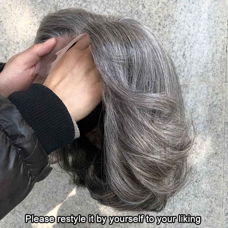 Gray Wigs For Older Women Salt & Pepper Natural Straight Wavy Bob Real Human Hair Wear Go Glueless 4x4 Lace Wigs For Seniors