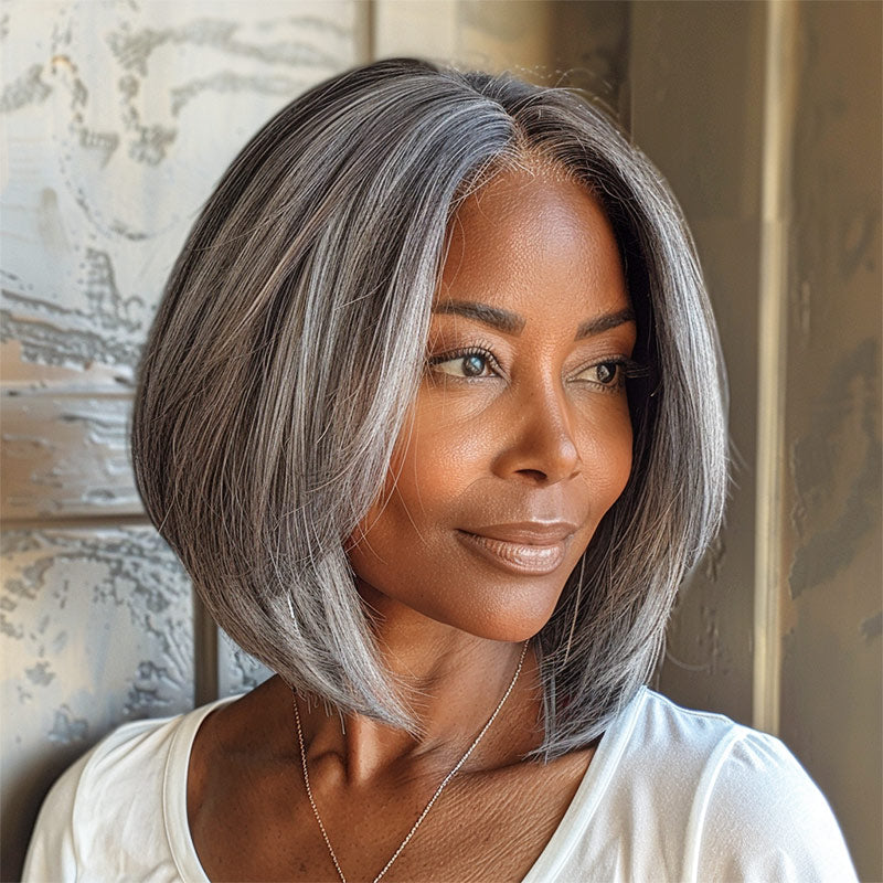 Soul Lady Chic Silver Gray Straight Bob Beginner Friendly Salt and Pepper Real Human Hair 4x4 Lace Glueless Wigs For Seniors