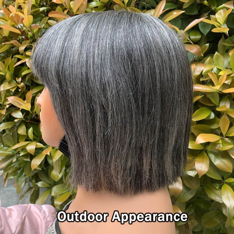 Soul Lady Trendy Salt & Pepper Short Straight Bob Wig With Bangs Real Human Hair Glueless 4x4 Lace Closure Wigs For Seniors
