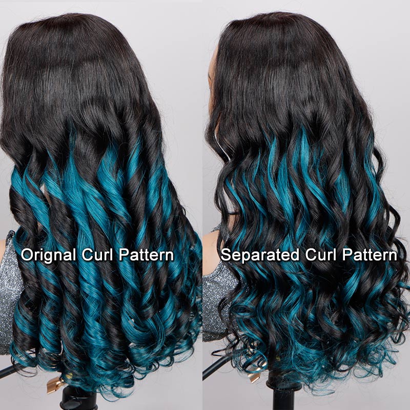 Soul Lady Teal Blue Peekaboo Balayage Highlight Wig Long Body Wave Human Hair Glueless 6x4 Pre Cut Pre Bleached Lace Wig-CURL PATTERN
