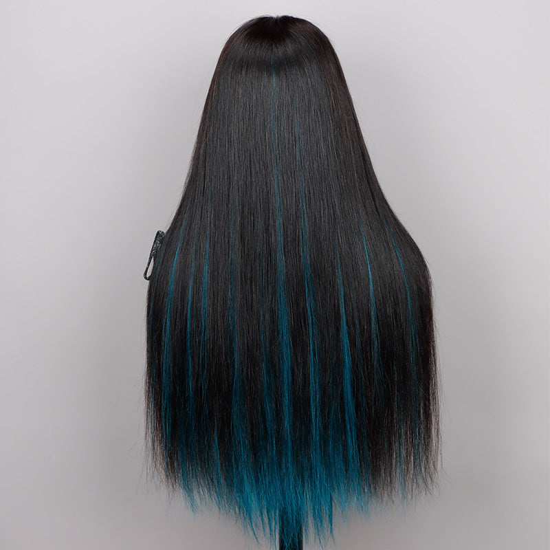 Soul Lady Teal Blue balayage Peekaboo Highlight Wig Long Silky Straight Hair Glueless 6x4 Pre Cut Pre Bleached Lace Wig-back look