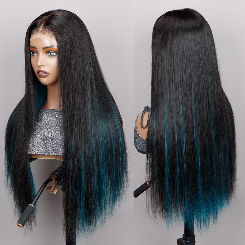 Soul Lady Teal Blue Peekaboo Balayage Highlight Wig Long Silky Straight Hair Glueless 6x4 Pre Cut Pre Bleached Lace Wig