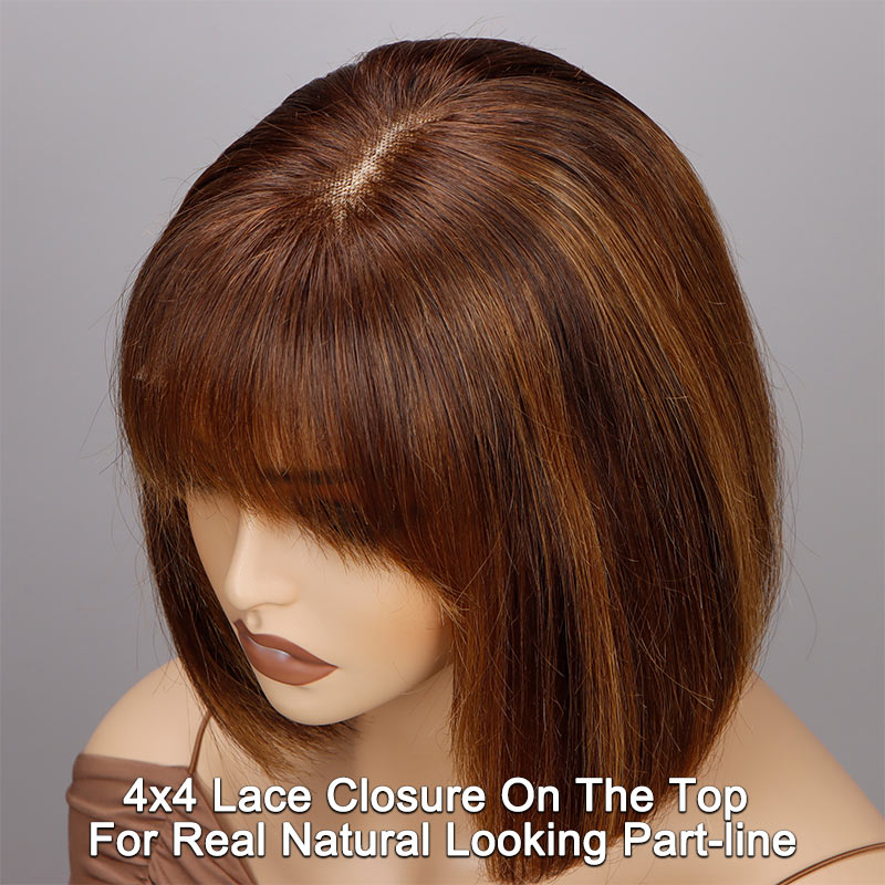 Soul Lady Mix Caramel Brown Highlight Bob Wig With Bangs Short Straight Human Hair Glueless 4x4 Lace Closure Wigs-hairline