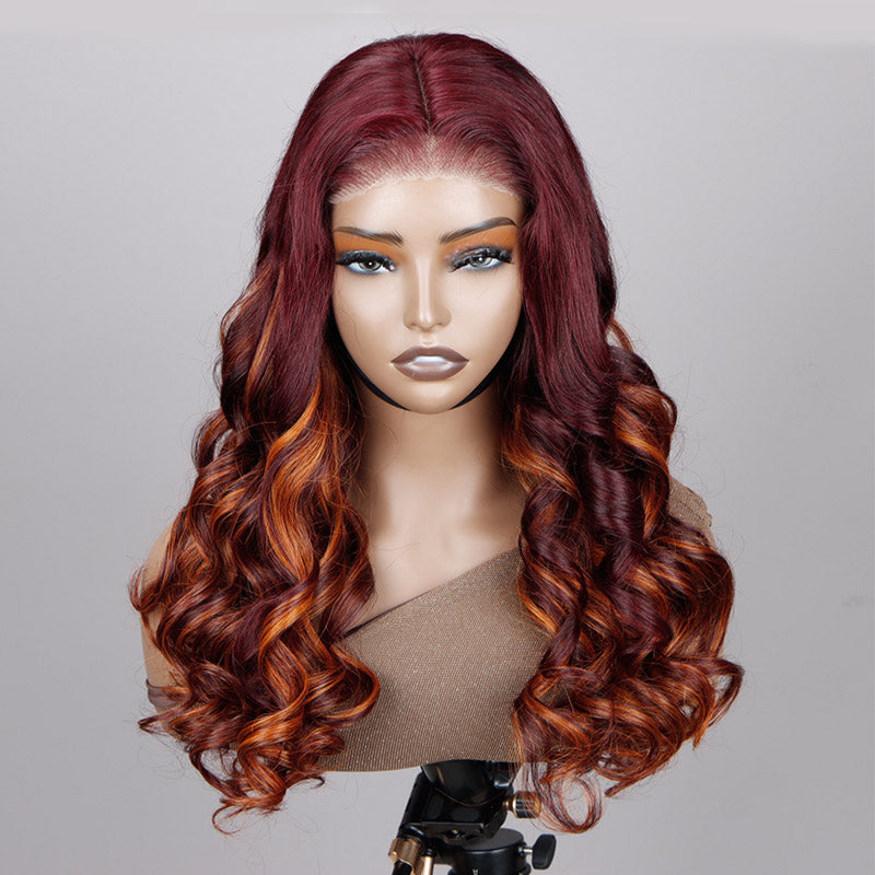 Soul Lady Ginger Highlights On Dark Burgundy Wig Long Loose Wave Human Hair Glueless Wigs 6x4 Pre Cut HD Lace Wig-front