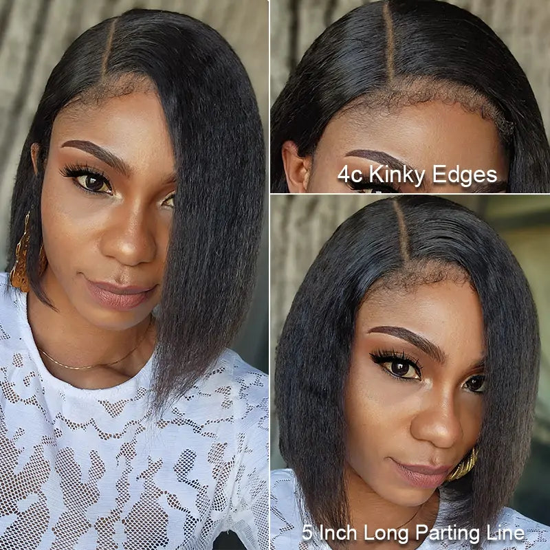 Soul Lady Full Hair Kinky Straight Bob Wig With 4C Edge Hairline Side Part 5x5 HD Lace Human Hair Wigs 180% Density