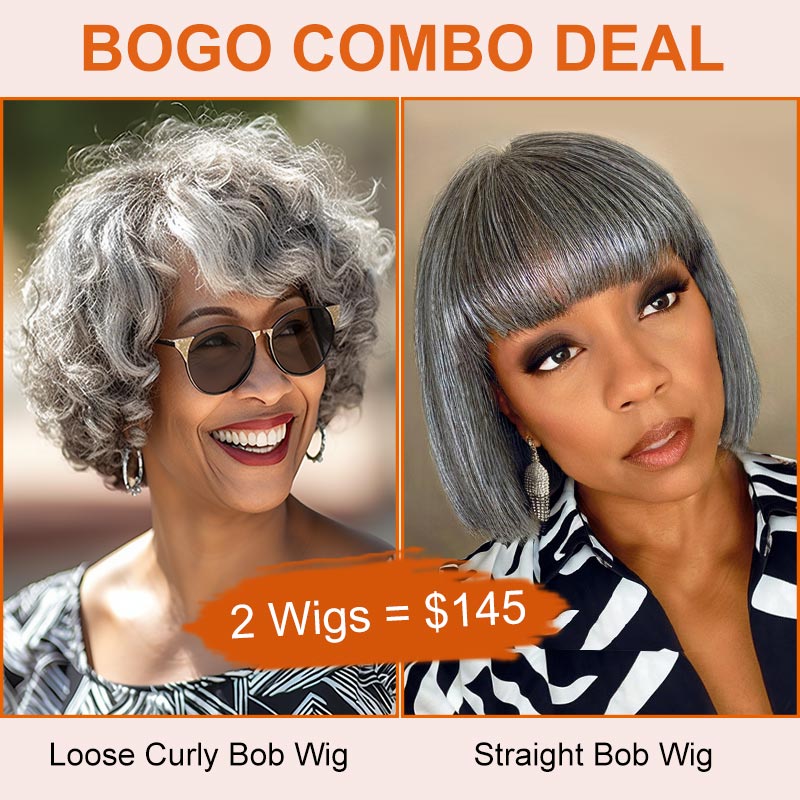 BOGO Combo Deal | Salt & Pepper Color Short Loose Curly And Straight Bob Glueless Human Hair Wigs For Seniors