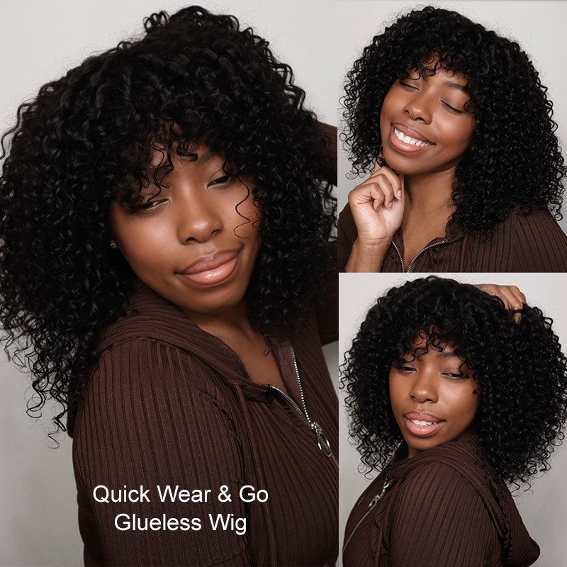 Soul Lady Black Bouncy Curly Bob Wig With Bangs Quick Wear And Go Glueless Human Hair Wigs 180% Density-Sejayda show