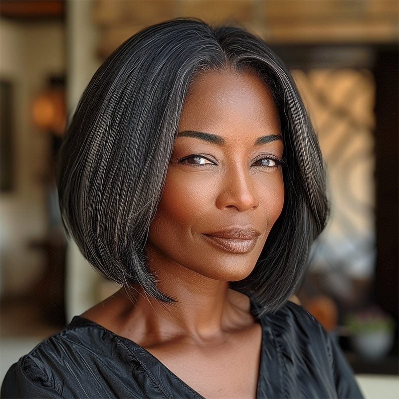 Soul Lady Chic Straight Bob Dark Salt & Pepper Human Hair 4x4 Lace Closure Wig Timeless Style for Women Over 50