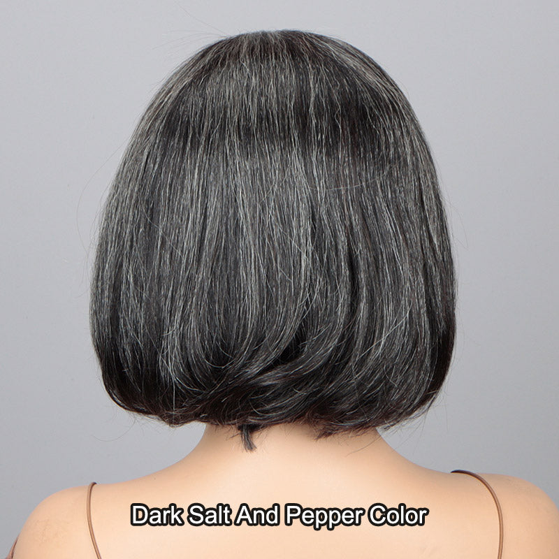 Soul Lady Chic Straight Bob Dark Salt & Pepper Human Hair 4x4 Lace Closure Wig Timeless Style for Women Over 50-back show