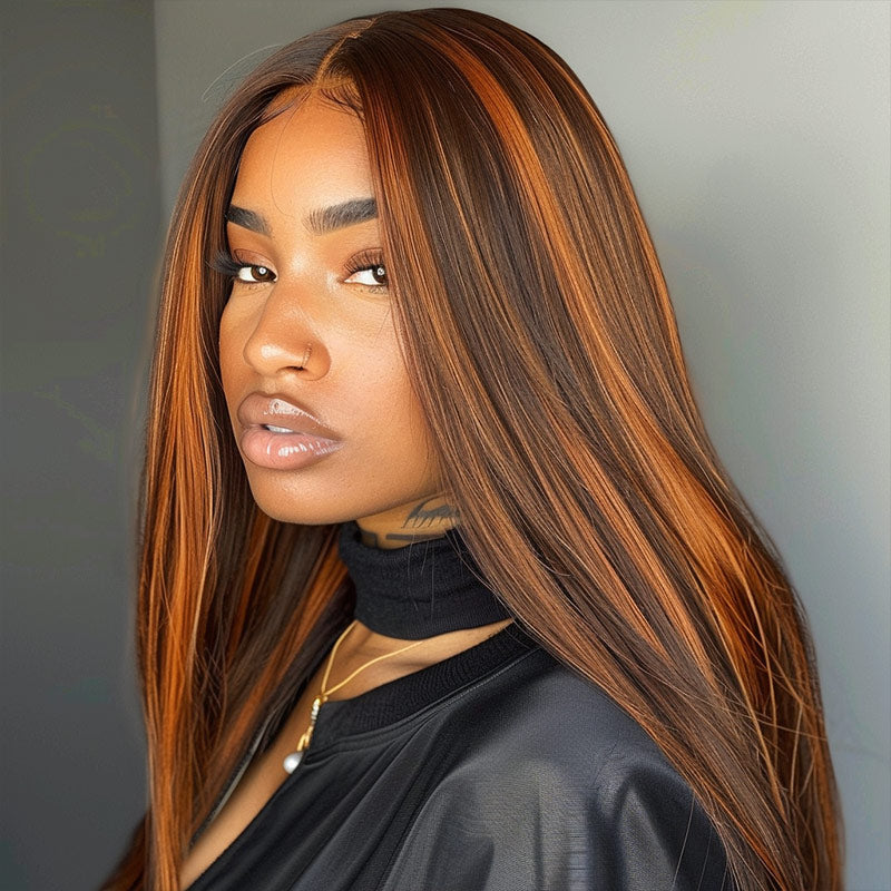Soul Lady Silky Straight Ginger Brown Highlight Wig Human Hair P4/350 Colored 13x6 HD Lace Front Wig Pre Plucked Hairline