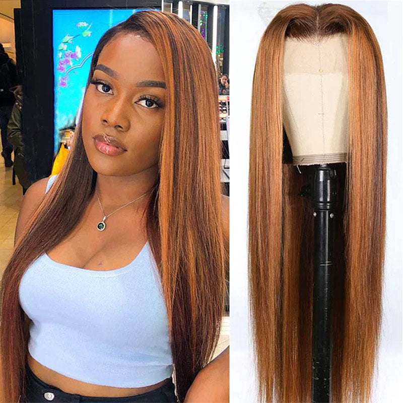 Soul Lady Silky Straight Ginger Brown Highlight Wig Human Hair P4/350 Colored 13x6 HD Lace Front Wig Pre Plucked Hairline