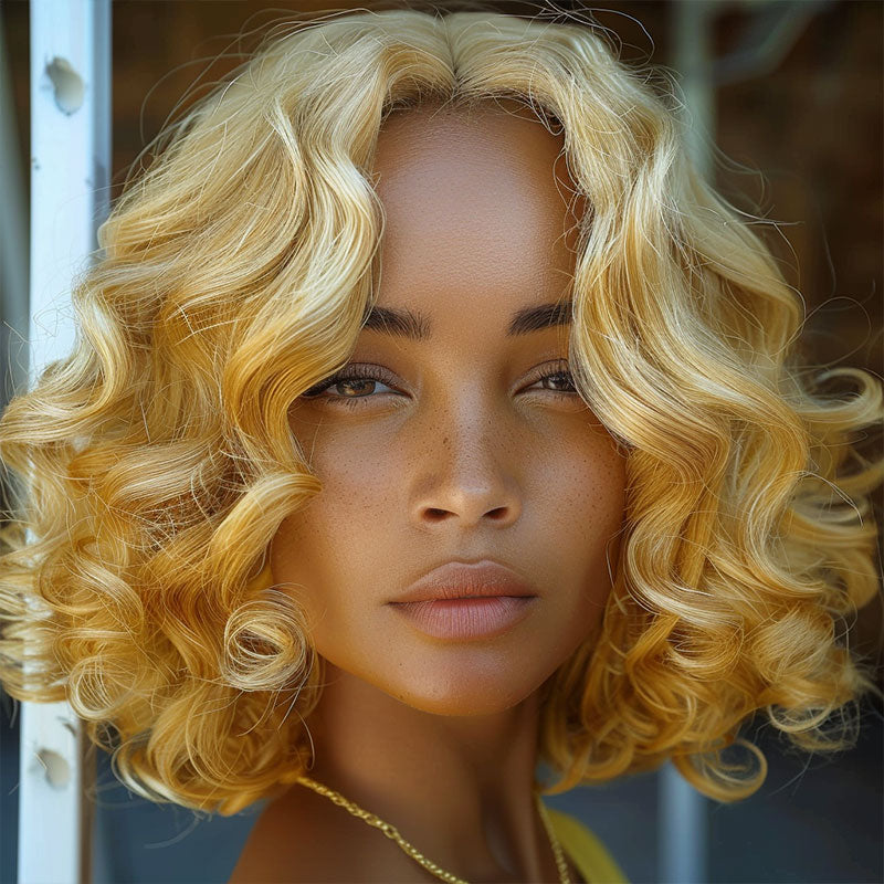 Soul Lady Golden Toned Hair With Blonde Highlights Loose Wave Bob 5x5 HD Lace Human Hair Wigs Wigs For Women
