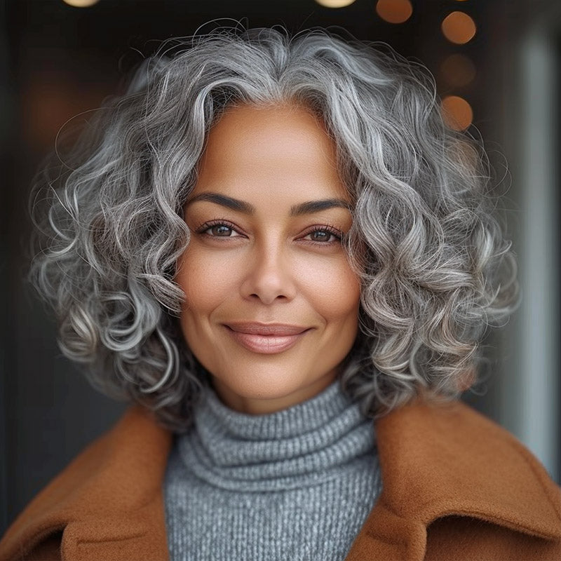 Soul Lady Silver Grey Wigs For Seniors Big Loose Curly Bob Salt & Pepper Human Hair 4x4 Lace Wigs For Women Over 60