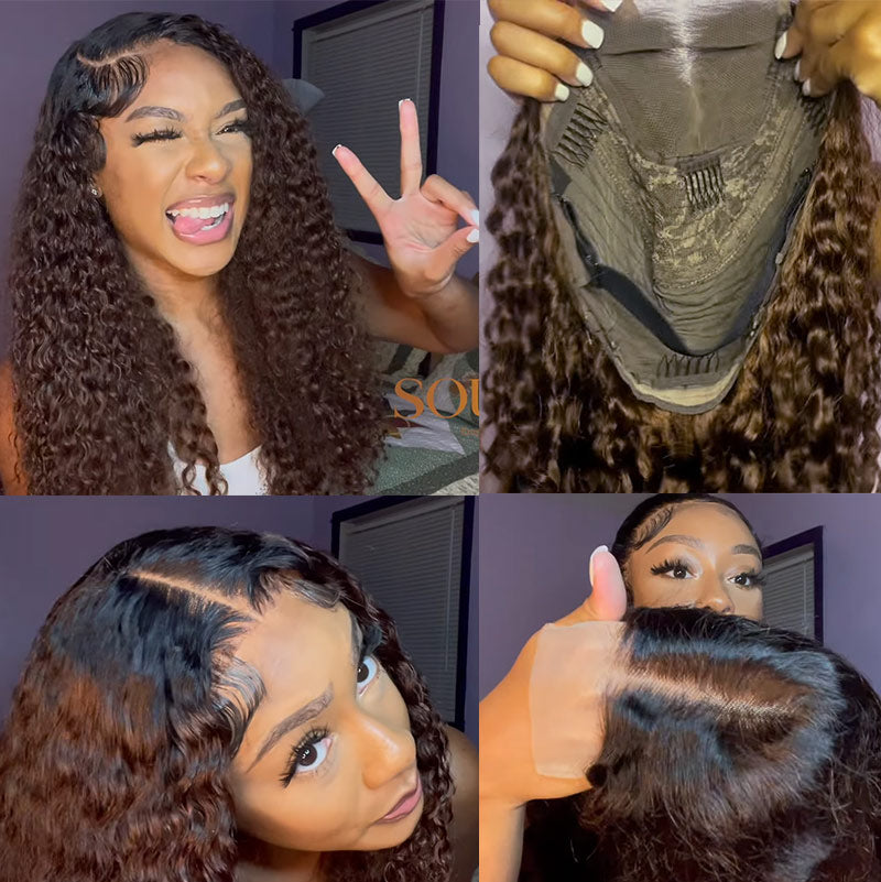 Soul Lady Curly Hair Wig Brown Color With Dark Roots 24" 4x4 Front Lace Wigs 180% Density-Simone Nicole 