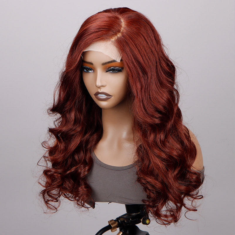 Soul Lady Reddish Brown Body Wave 5X5 HD Lace Wig C Part Long Human Hair Wigs-side show