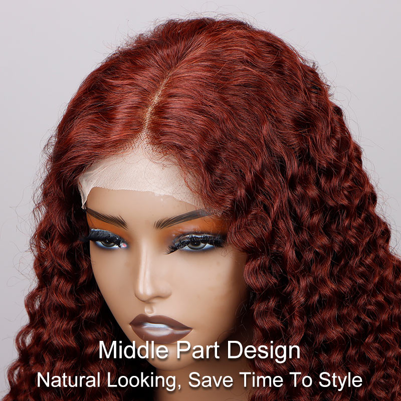 Soul Lady Reddish Brown Jerry Curly Wig 5X5 HD Lace Middle Part Long Human Hair Wigs-middle part show