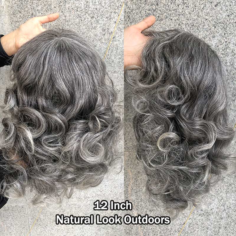 Custom Seniors Salt & Pepper Wig Loose Curly Bob Silver Grey Human Hair Glueless Wigs For Women