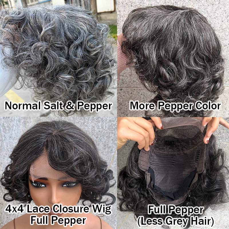 Custom Short Silver Gray Bob Salt and Pepper Wear Go Glueless Human Hair Wigs For Seniors