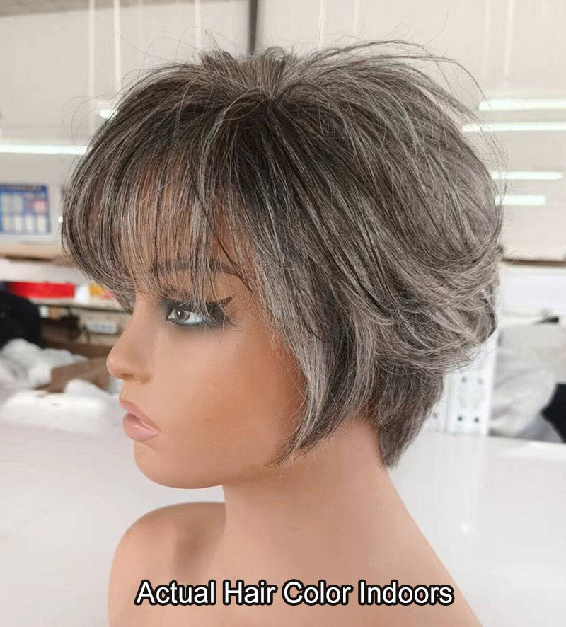 Custom Grey Pixie Haircut Wigs For Older Women Silver Short Layers With Air Bangs Salt And Pepper Straight Human Hair Lace Wigs