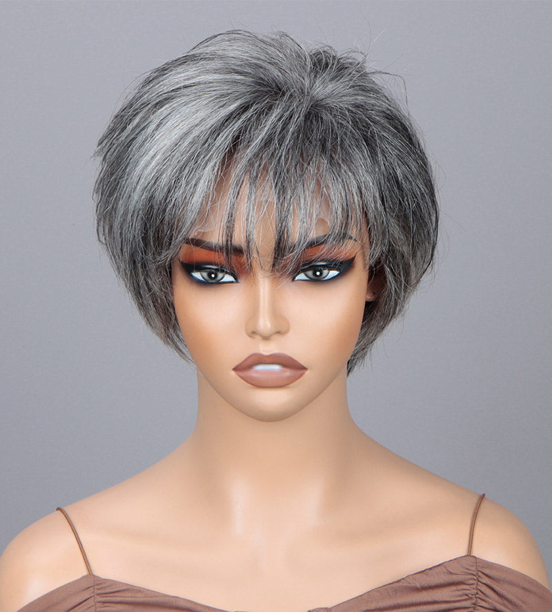 Custom Grey Pixie Haircut Wigs For Older Women Silver Short Layers With Air Bangs Salt And Pepper Straight Human Hair Lace Wigs