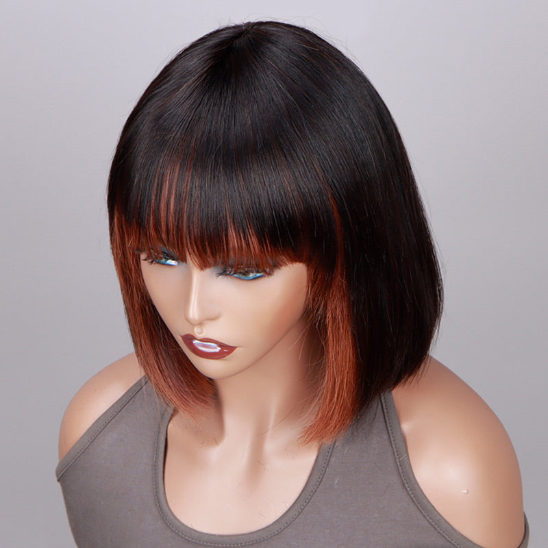 Soul Lady Copper Red Money Piece Highlight Straight Bob Wig With Bangs Quick Wear And Go Glueless Human Hair Wigs 180% Density-bangs show