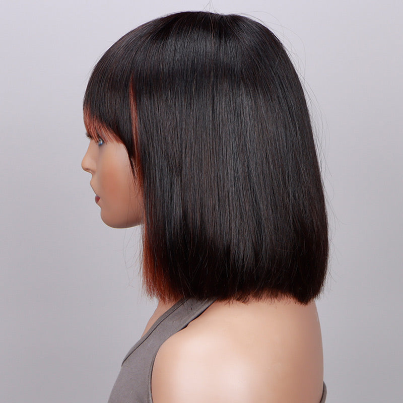 Soul Lady Copper Red Money Piece Highlight Straight Bob Wig With Bangs Quick Wear And Go Glueless Human Hair Wigs 180% Density-side show