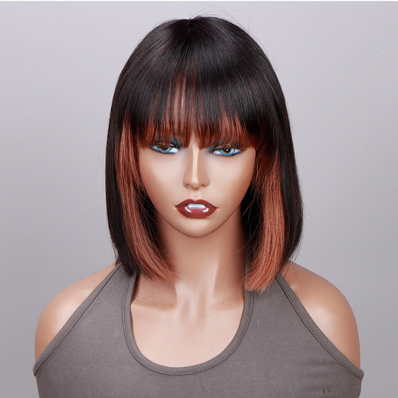 Soul Lady Copper Red Money Piece Highlight Straight Bob Wig With Bangs Quick Wear And Go Glueless Human Hair Wigs 180% Density-front show