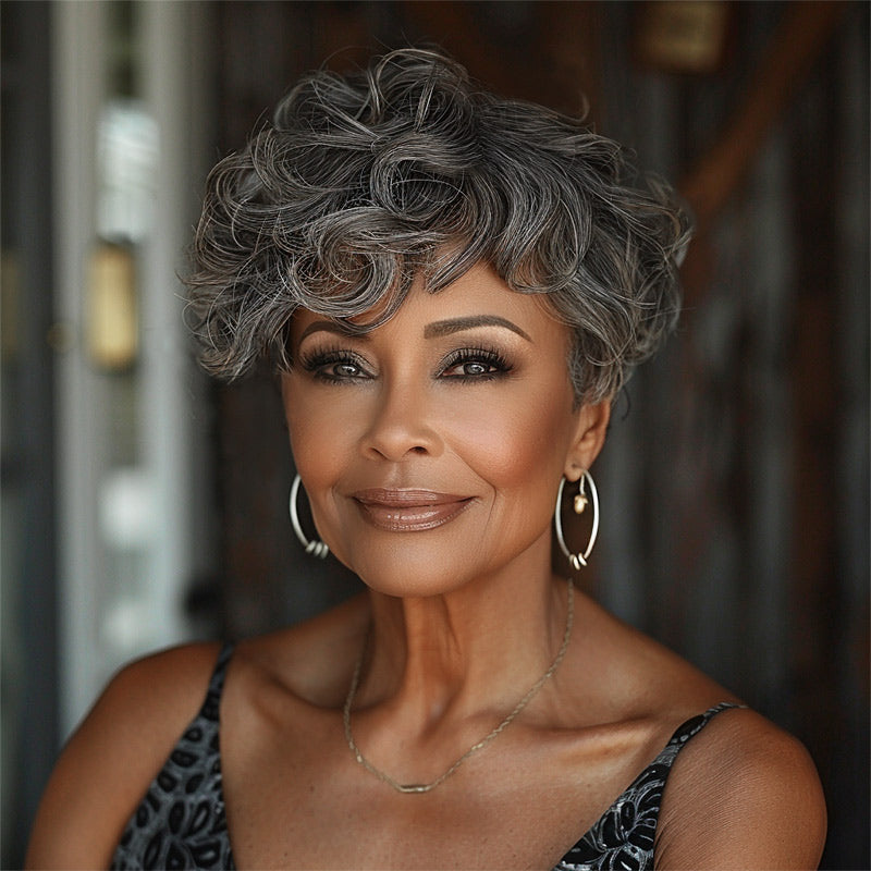 Soul Lady Short Tapered Pixie Haircuts Salt And Pepper Color Natural Wave Human Hair Glueless Wigs For Women Over 50