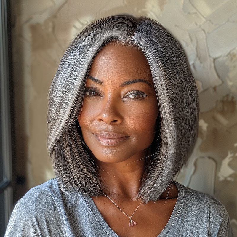 Soul Lady Silver Grey Straight Bob For Seniors Real Human Hair Salt And Pepper 5x5 HD Lace Wigs For Women Over 60