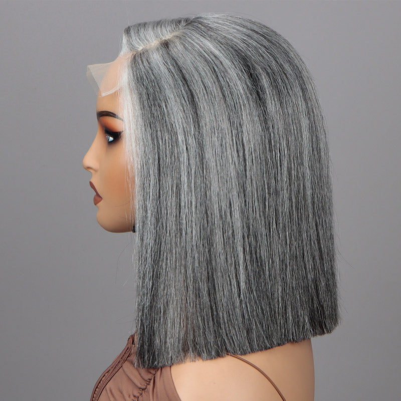 Soul Lady Salt And Pepper Wig For Seniors Straight Bob More Grey Real Human Hair 5x5 HD Lace Wigs For Women Over 50-side show