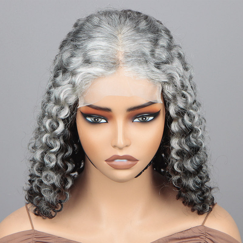Soul Lady Seniors Salt And Pepper Wig Water Wave More Grey Human Hair 5x5 HD Lace Bob Wigs-front show