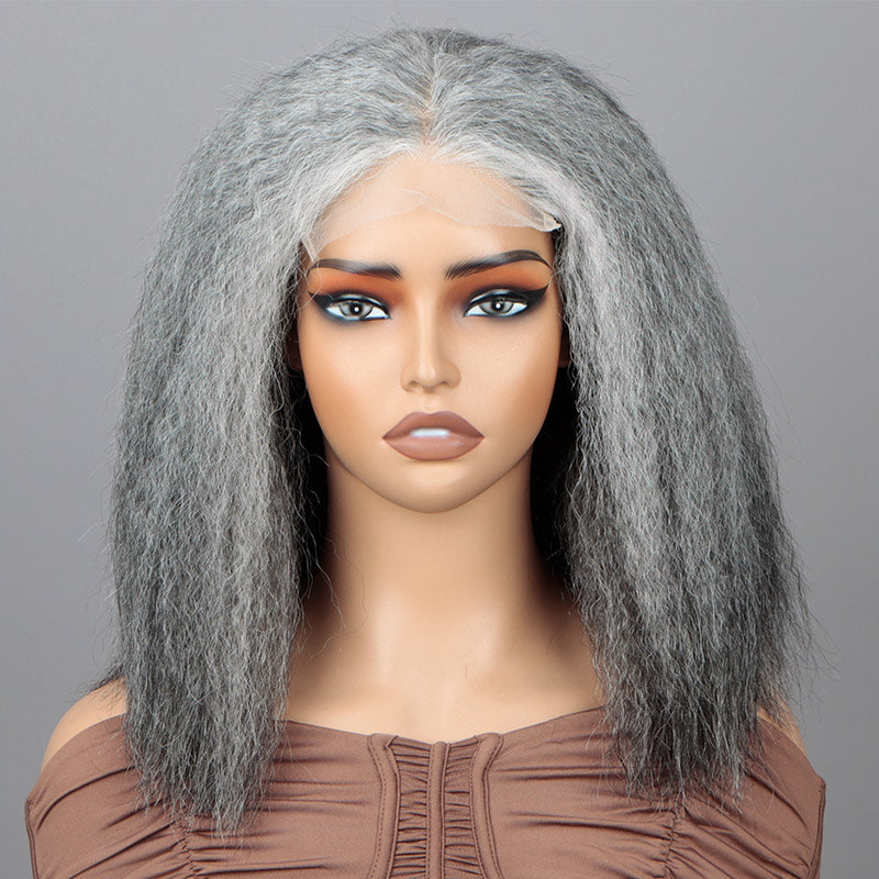Soul Lady Salt And Pepper Wig For Seniors Yaki Straight Bob More Grey Human Hair 5x5 HD Lace Wigs For Women-FRONT SHOW