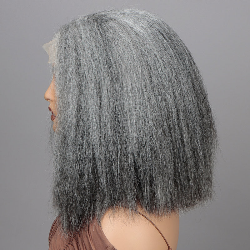 Soul Lady Salt And Pepper Wig For Seniors Yaki Straight Bob More Grey Human Hair 5x5 HD Lace Wigs For Women-SIDE SHOW